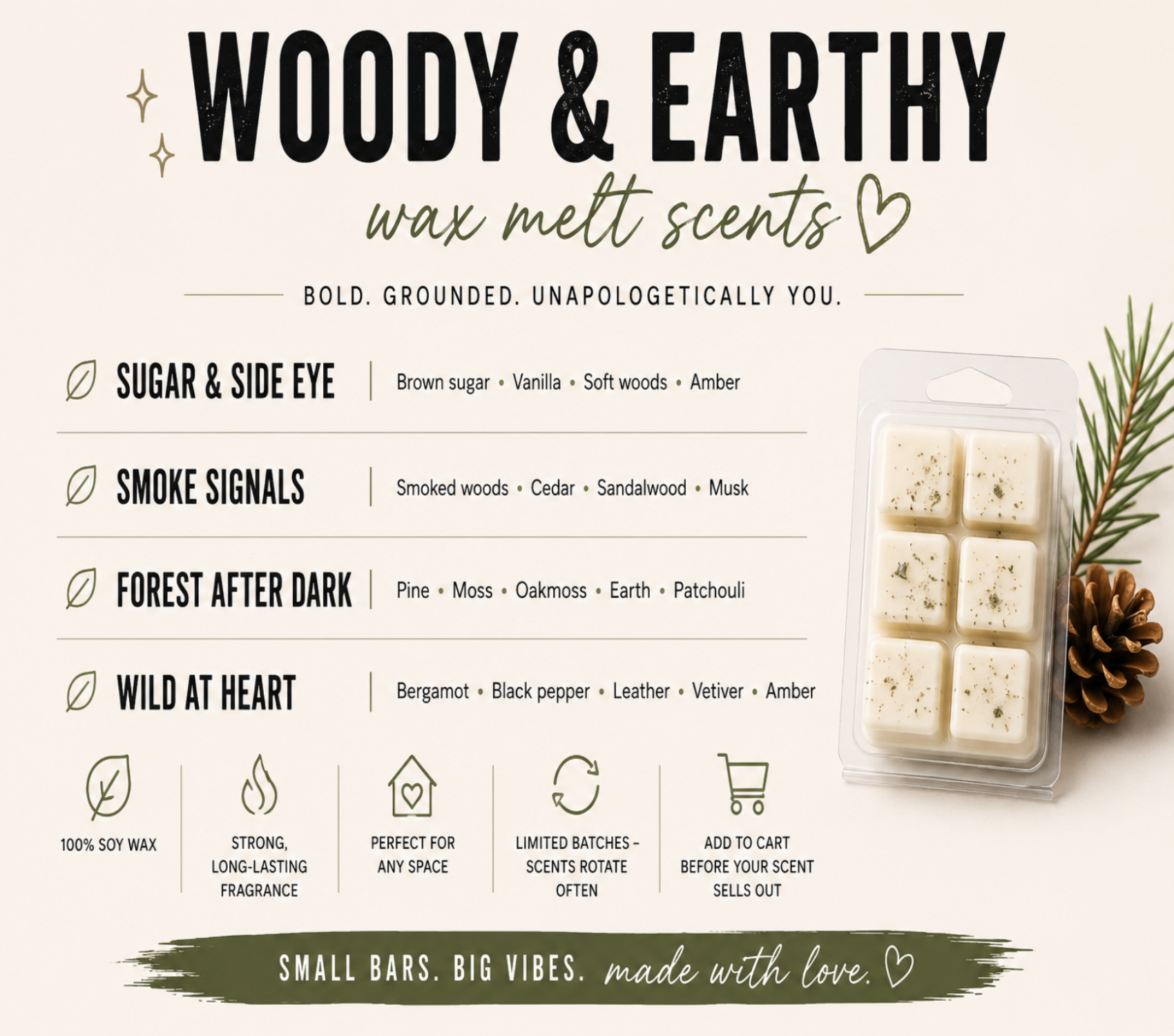 Woodsy Wax Melt Bars - Pick your Scent